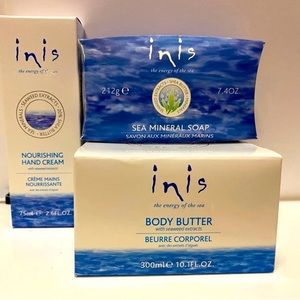 Brand new Inis body butter,hand cream and sea mineral soap bar set